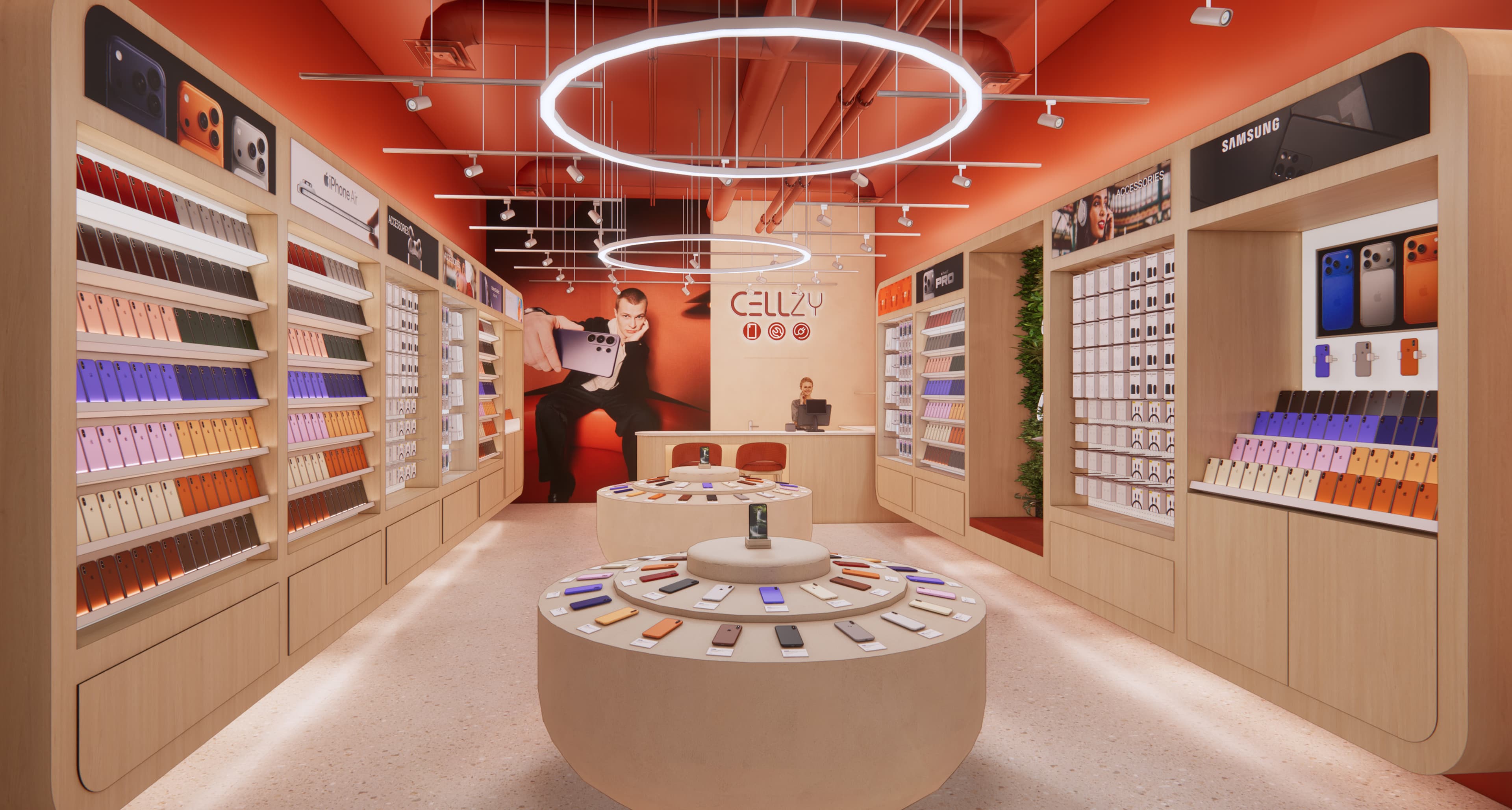 Cellzy store design with circular displays and illuminated ceiling rings